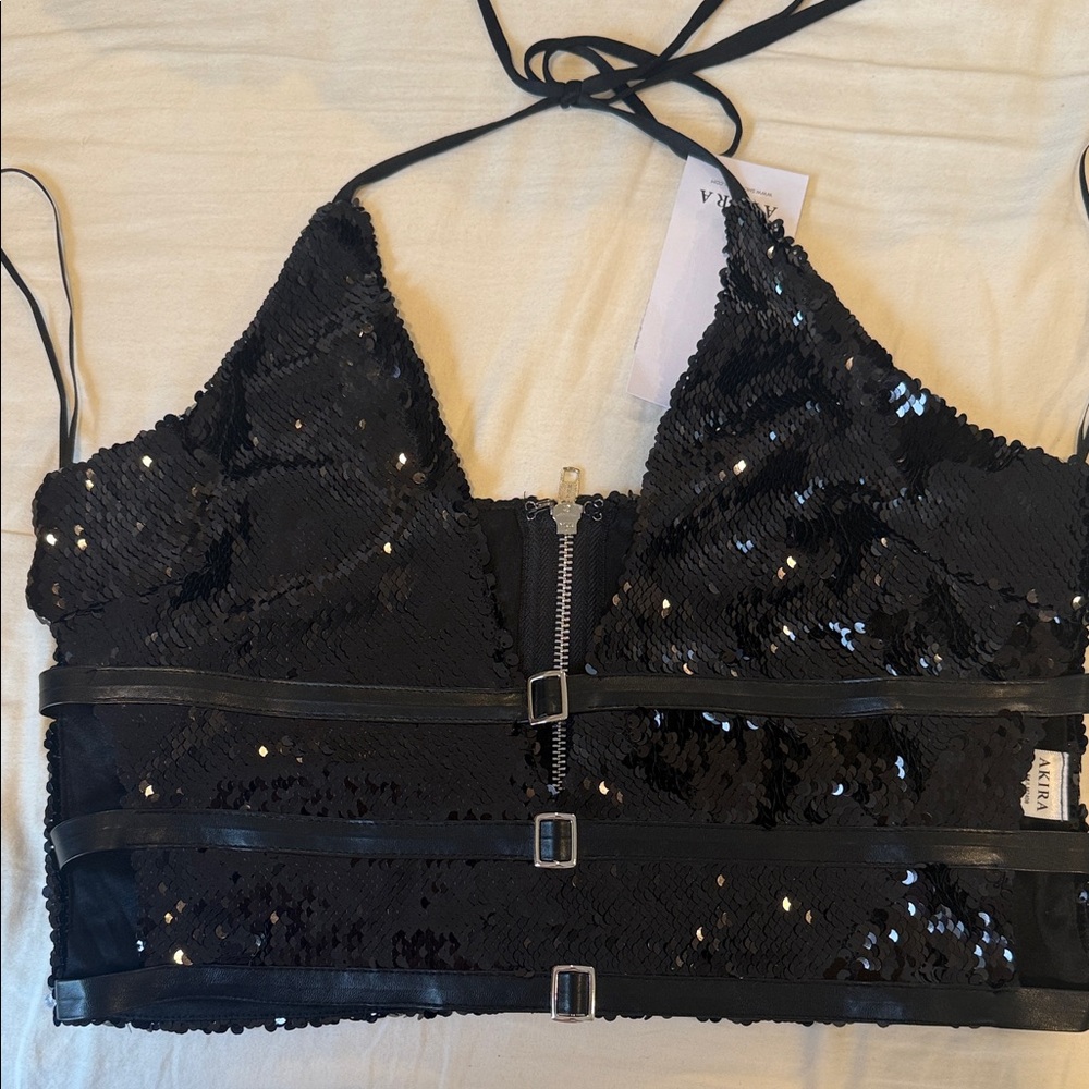 AKIRA Black Sequin Crop Top